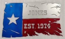 Load image into Gallery viewer, Tattered Texas Flag with Custom Last Name and Date