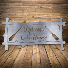Load image into Gallery viewer, Welcome to Our Lake House Bamboo Style Metal Sign