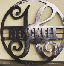 Load image into Gallery viewer, Metal &quot;Fancy&quot; Circled Monogram with Custom Last Name - Woodpost Metalworks