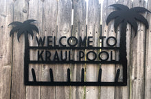 Load image into Gallery viewer, Welcome to the Pool Palm Tree Custom Name Towel Holder Personalized - Woodpost Metalworks