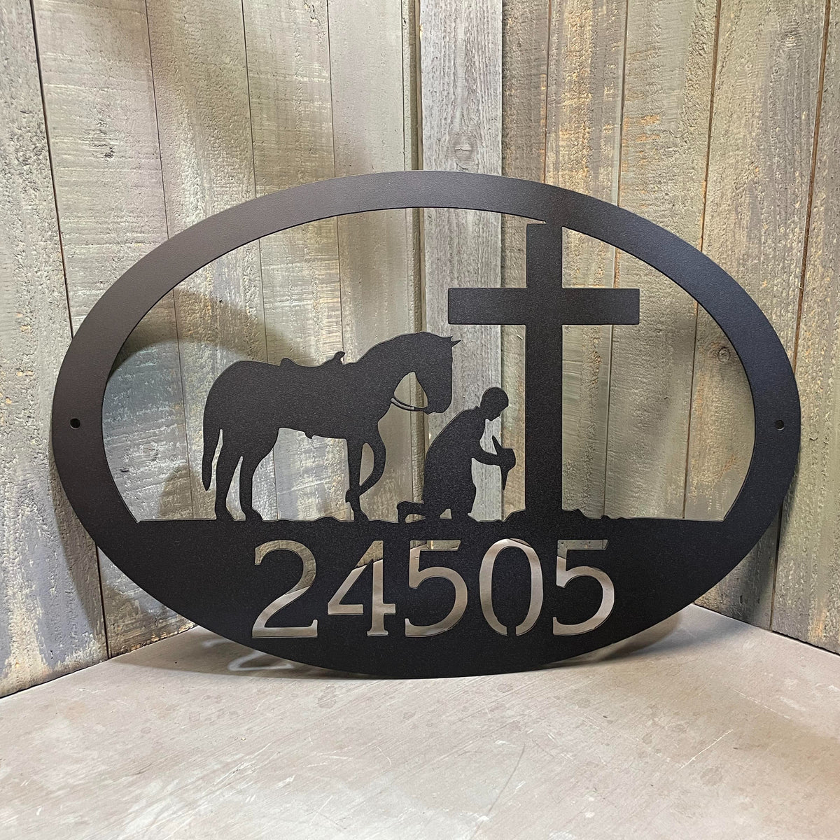 Praying Cowboy with Cross Address Numbers | Woodpost Metalworks