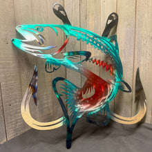 Load image into Gallery viewer, Jumping Trout Metal Wall Art with Fishing Hooks – Fishing Cabin Decor