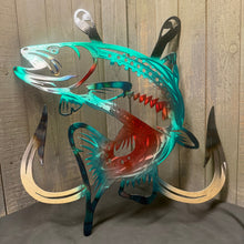 Load image into Gallery viewer, Jumping Trout Metal Wall Art with Fishing Hooks – Fishing Cabin Decor
