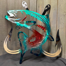 Load image into Gallery viewer, Jumping Trout Metal Wall Art with Fishing Hooks – Fishing Cabin Decor