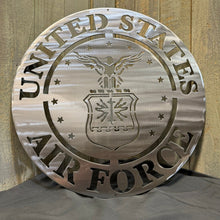 Load image into Gallery viewer, Metal plaque with 'United States Air Force' emblem on a wooden background