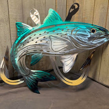 Load image into Gallery viewer, Metal Salmon Wall Art with Fishing Hooks | Plasma Cut Fishing Decor