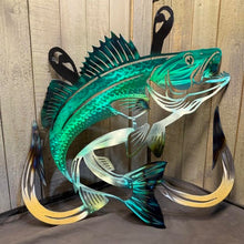 Load image into Gallery viewer, Metal walleye wall art with large fishing hooks for lake house and fishing cabin decor