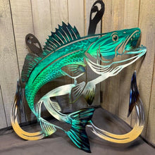 Load image into Gallery viewer, Metal walleye wall art with large fishing hooks for lake house and fishing cabin decor
