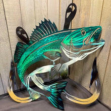 Load image into Gallery viewer, Metal walleye wall art with large fishing hooks for lake house and fishing cabin decor