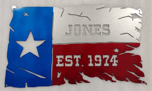 Tattered Texas Flag with Custom Last Name and Date