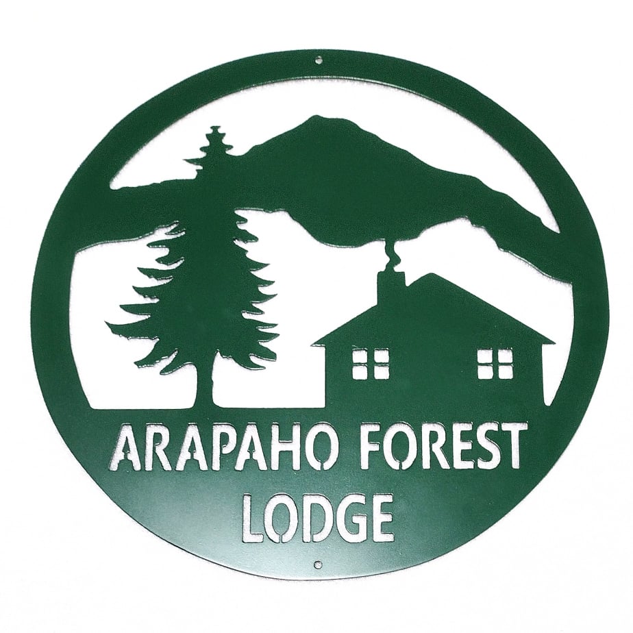 Mountainside Inn Sign Welcome Sign with Mountain Lodge Scene | Woodpost Metalworks