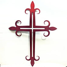 Load image into Gallery viewer, Metal Fleur-de-lis Catholic Cross Wall Hanging Art