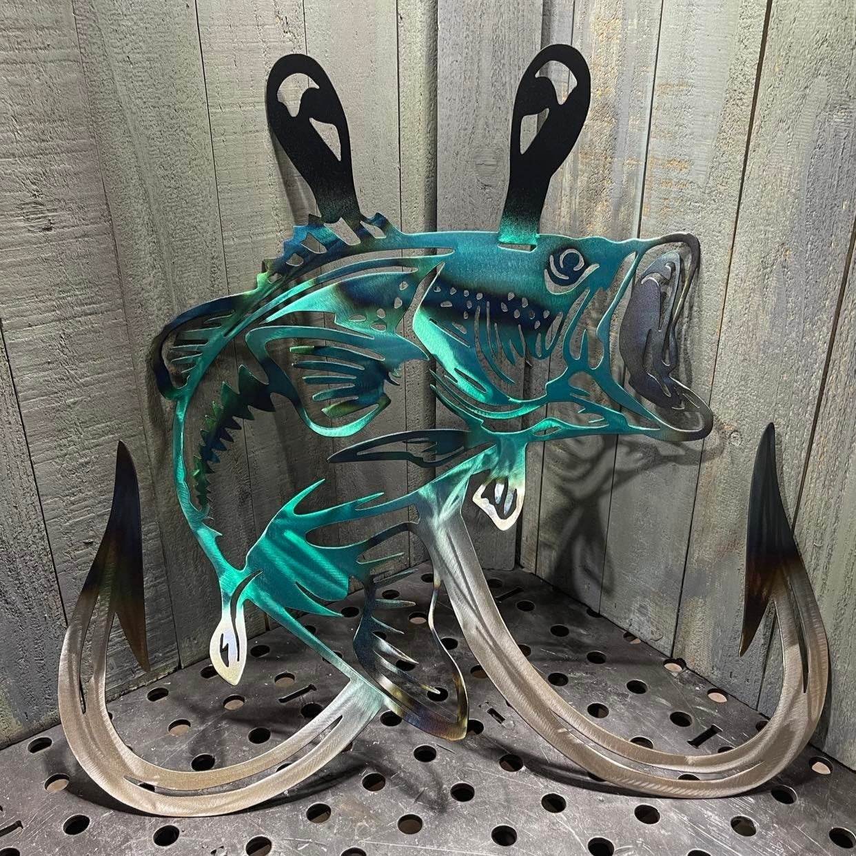 Metal Bass Fish With Hooks Plasma Cut Sign Art Fishing Fisherman Gifts for Men Woodpost Metalworks Metal Bass Fish With Hooks Plasma Cut Sign Art Fishing Fisherman Gifts for Men Woodpost Metalworks
