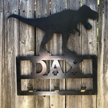 Load image into Gallery viewer, T-Rex Dinosaur Coat Hanger with Name Rationalization - Woodpost Metalworks