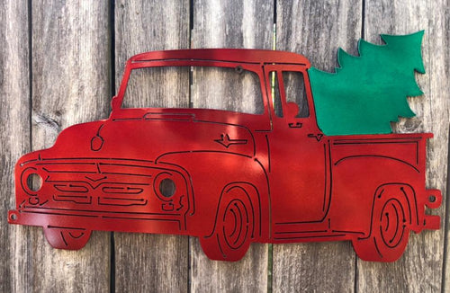 Red Truck with Christmas Tree - Woodpost Metalworks