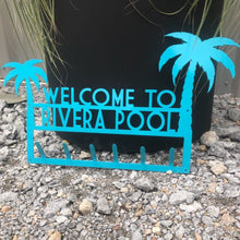 Load image into Gallery viewer, Welcome to the Pool Palm Tree Custom Name Towel Holder Personalized