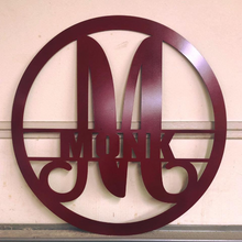 Load image into Gallery viewer, Metal &quot;Modern&quot; Monogram Circled with Custom Last Name - Woodpost Metalworks