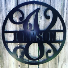 Load image into Gallery viewer, Metal &quot;Fancy&quot; Circled Monogram with Custom Last Name - Woodpost Metalworks