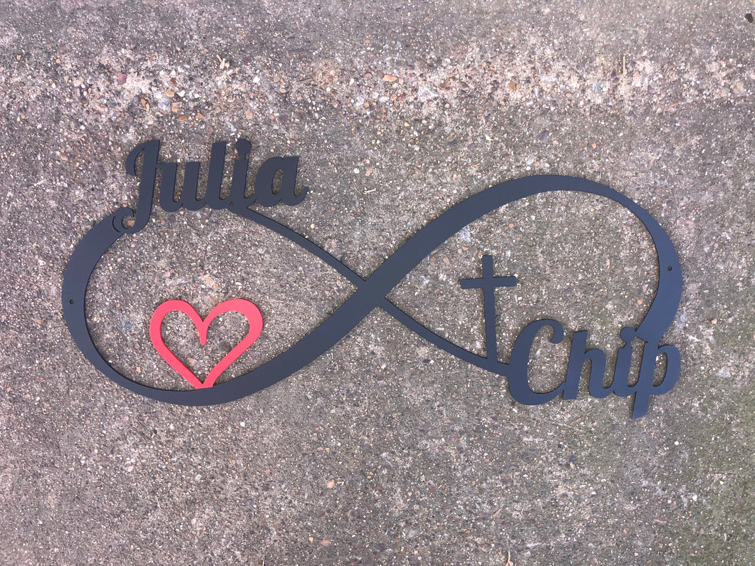 Custom Infinity Symbol with Two Names Cross and Heart - Woodpost Metalworks