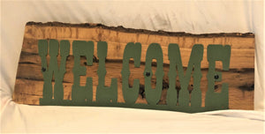 Welcome Sign on Live Edge Wood 25" Wide - Woodpost Metalworks