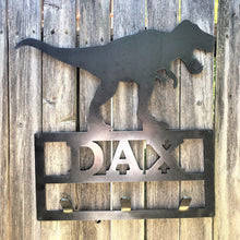 Load image into Gallery viewer, T-Rex Dinosaur Coat Hanger with Name Rationalization - Woodpost Metalworks