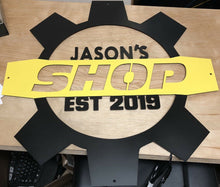 Load image into Gallery viewer, Custom Shop Gear Sign - Woodpost Metalworks